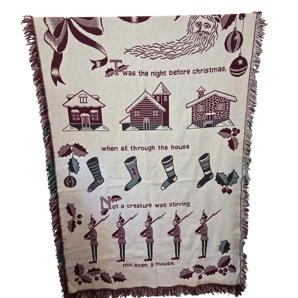 Vintage Twas Night Before Christmas Tapestry Throw 47x70 Cotton Spain Santa NICE